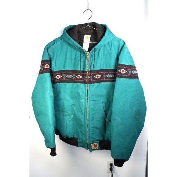 VTG Carhartt Native American Aztec Quilted Lined Canvas Full Zip Hooded Jacket